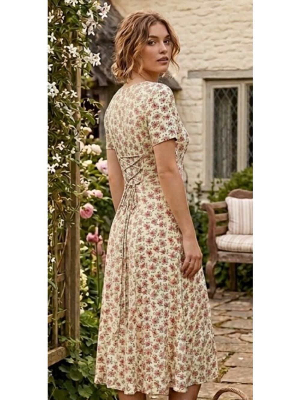 Vintage 90's cottagecore floral mommy on the prairie back lace midi dress